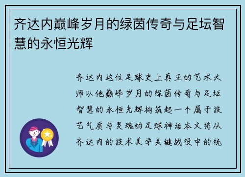 齐达内巅峰岁月的绿茵传奇与足坛智慧的永恒光辉 齐达内巅峰岁月的绿茵传奇与足坛智慧的永恒光辉