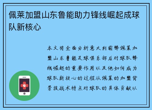 佩莱加盟山东鲁能助力锋线崛起成球队新核心 佩莱加盟山东鲁能助力锋线崛起成球队新核心